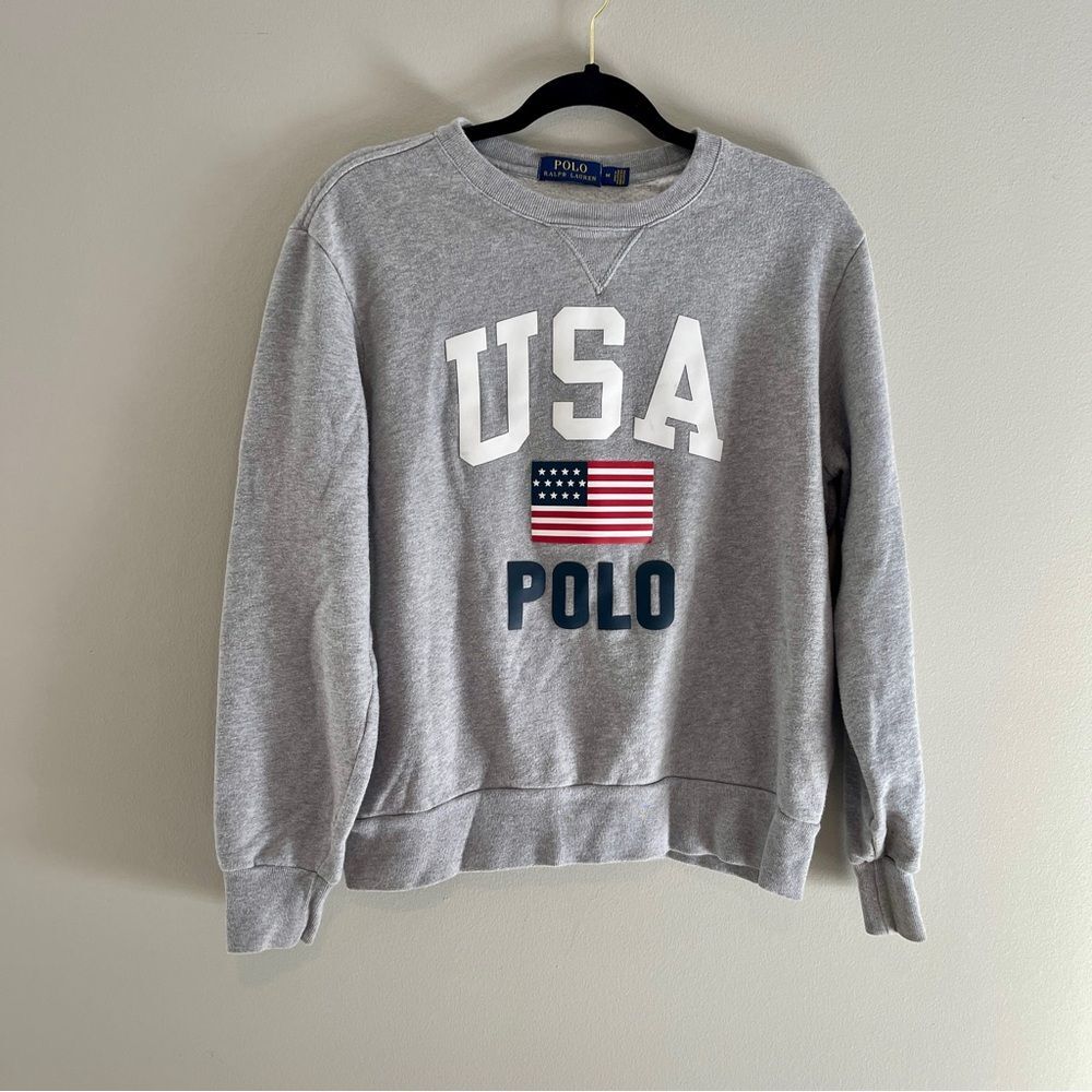 Polo Ralph Lauren Gray Pullover Sweatshirt American Flag USA Size Medium